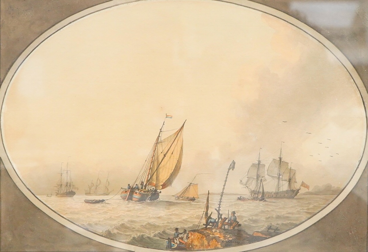 Attributed to Samuel Atkins (fl.1787-1847), Shipping in a choppy sea off a headland, feigned oval, watercolour, 24 x 34cm